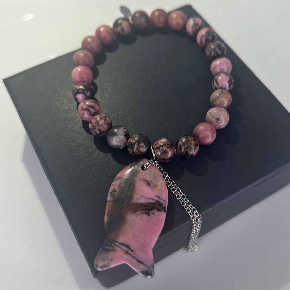 Faith Fish Natural Stone 3 Bracelet Set w Rhodochrosite Fish - Picture 6 of 6